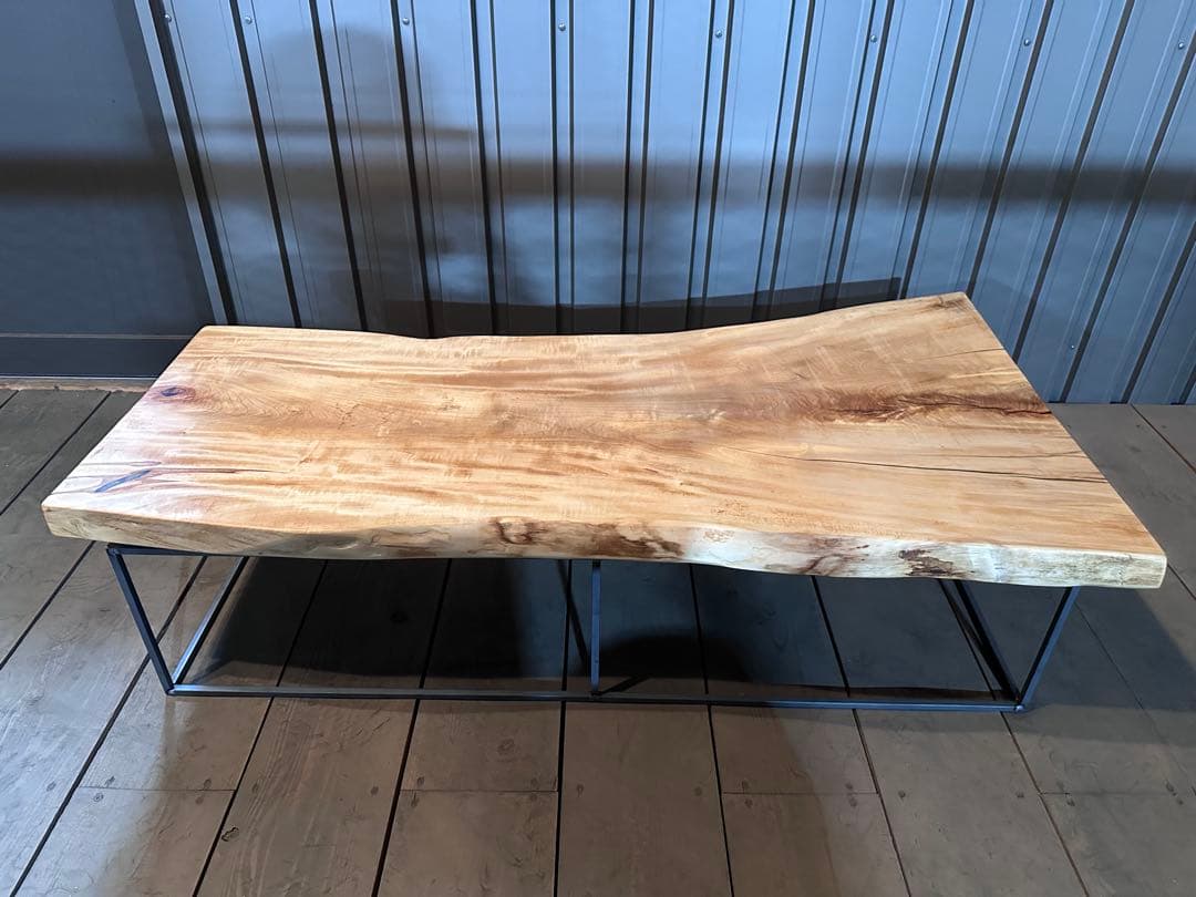 【送料無料】栃　トチ　一枚板テーブル　店舗什器　ローテーブル　アイアン脚　一点物