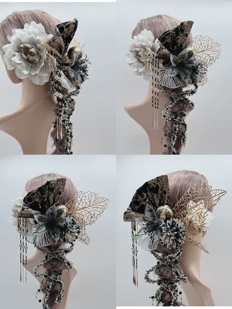 【豪華】ディップアート　髪飾り　成人式卒業式 白　黒　ゴールド　グレー　牡丹