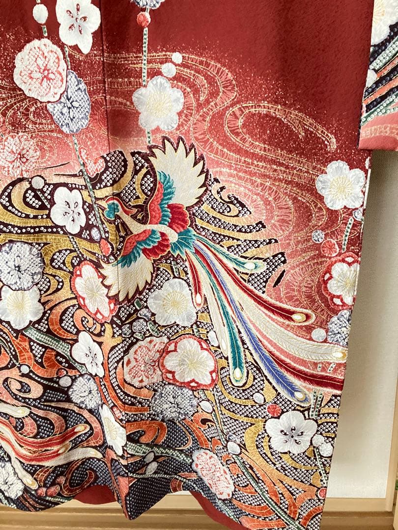 m*9様 美しい　振袖　着物　赤　鳳凰　絞り　15枚目の帯、緑帯締め帯揚げ、襟、