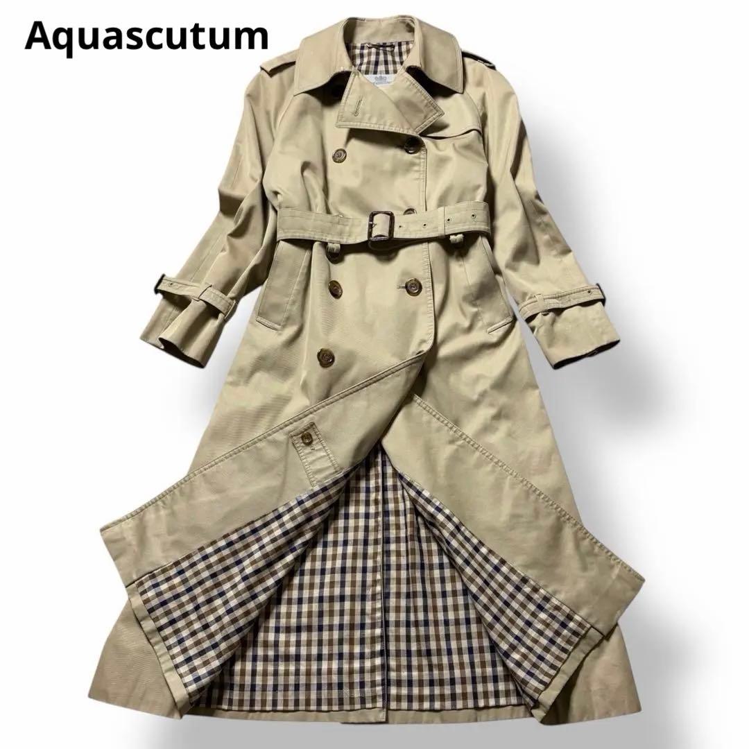 アクアスキュータム ロングトレンチコート チェック柄