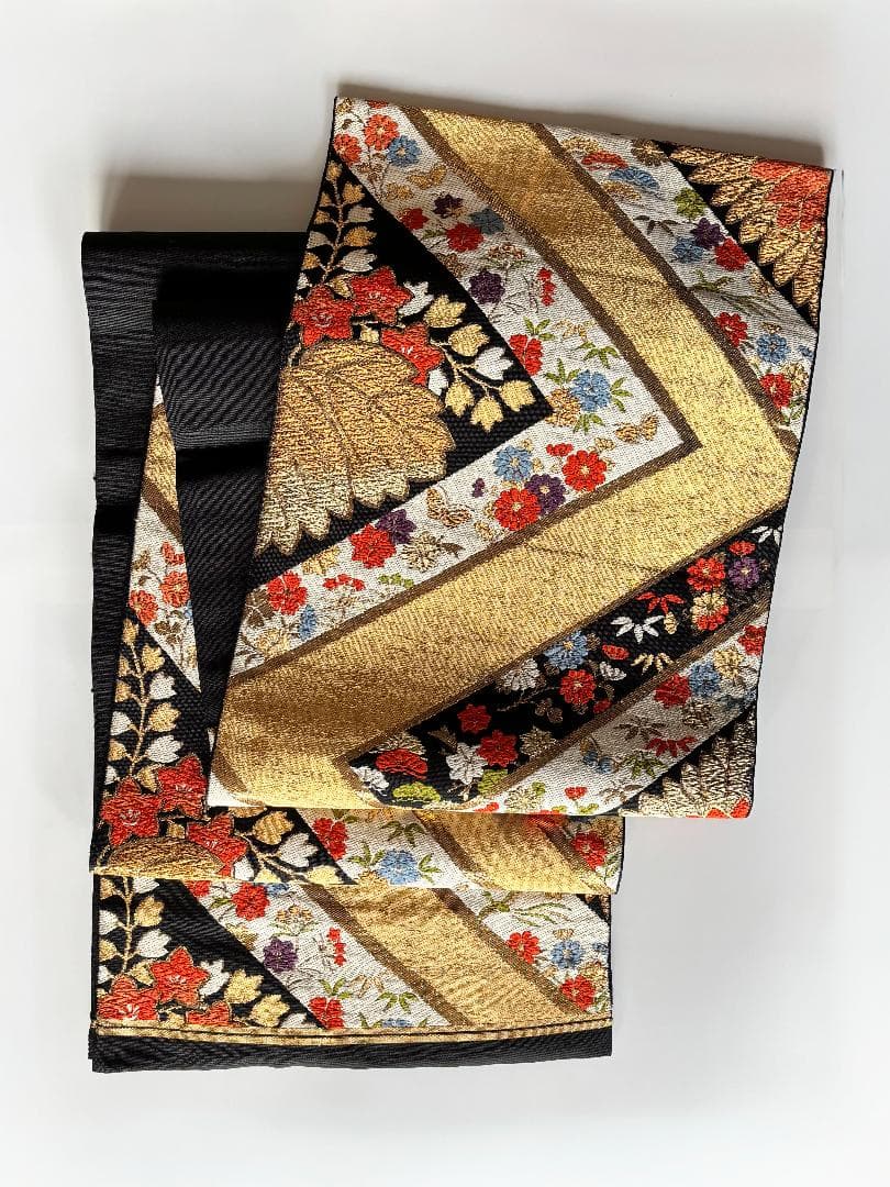 【Modoken】正絹 袋帯 西陣織 金糸 礼装用 松皮菱 四季草花文様