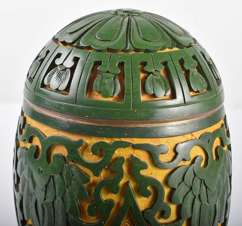 中国　堆緑　堆黄　蓋瓶　唐木台付　G　R5812