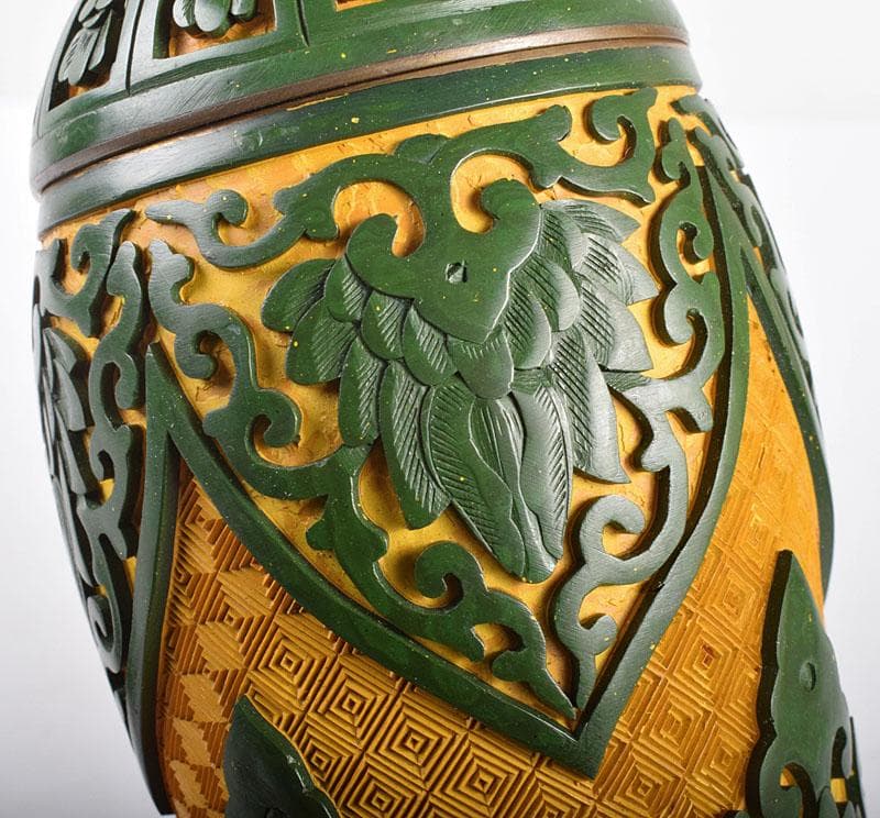 中国　堆緑　堆黄　蓋瓶　唐木台付　G　R5812