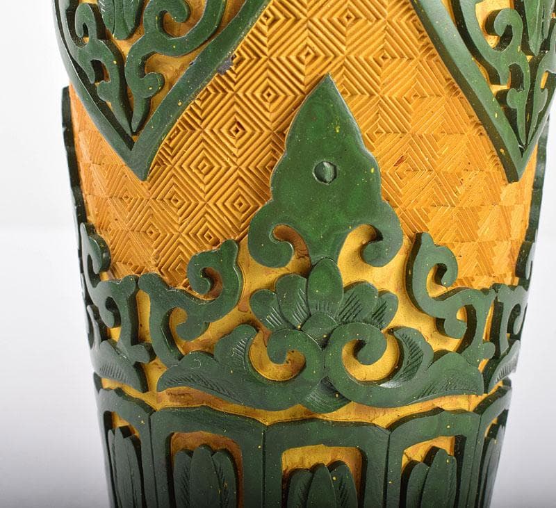 中国　堆緑　堆黄　蓋瓶　唐木台付　G　R5812