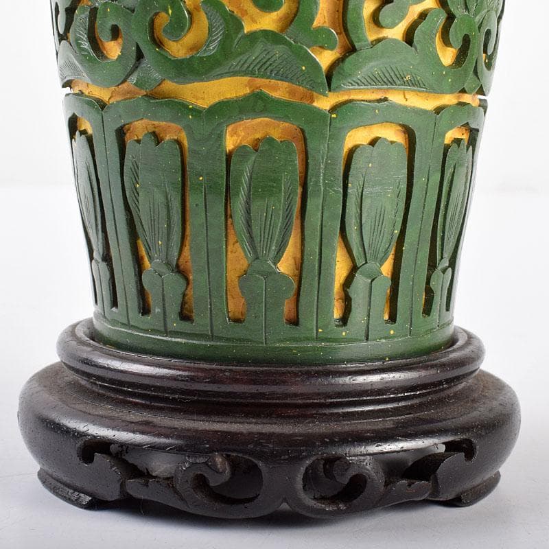 中国　堆緑　堆黄　蓋瓶　唐木台付　G　R5812