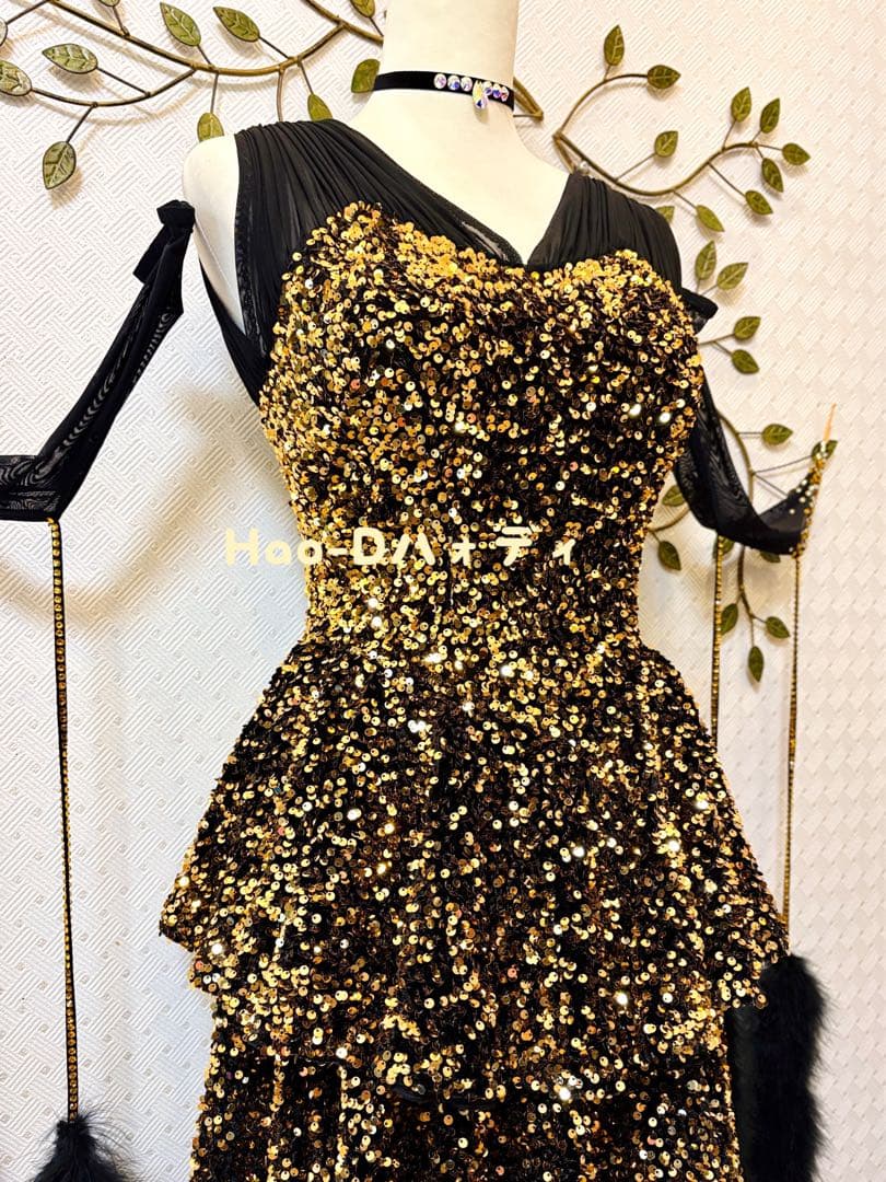 新品同様★ダンスドレス★スタンダード★社交ダンス★競技会★パーティー★黒ゴールド