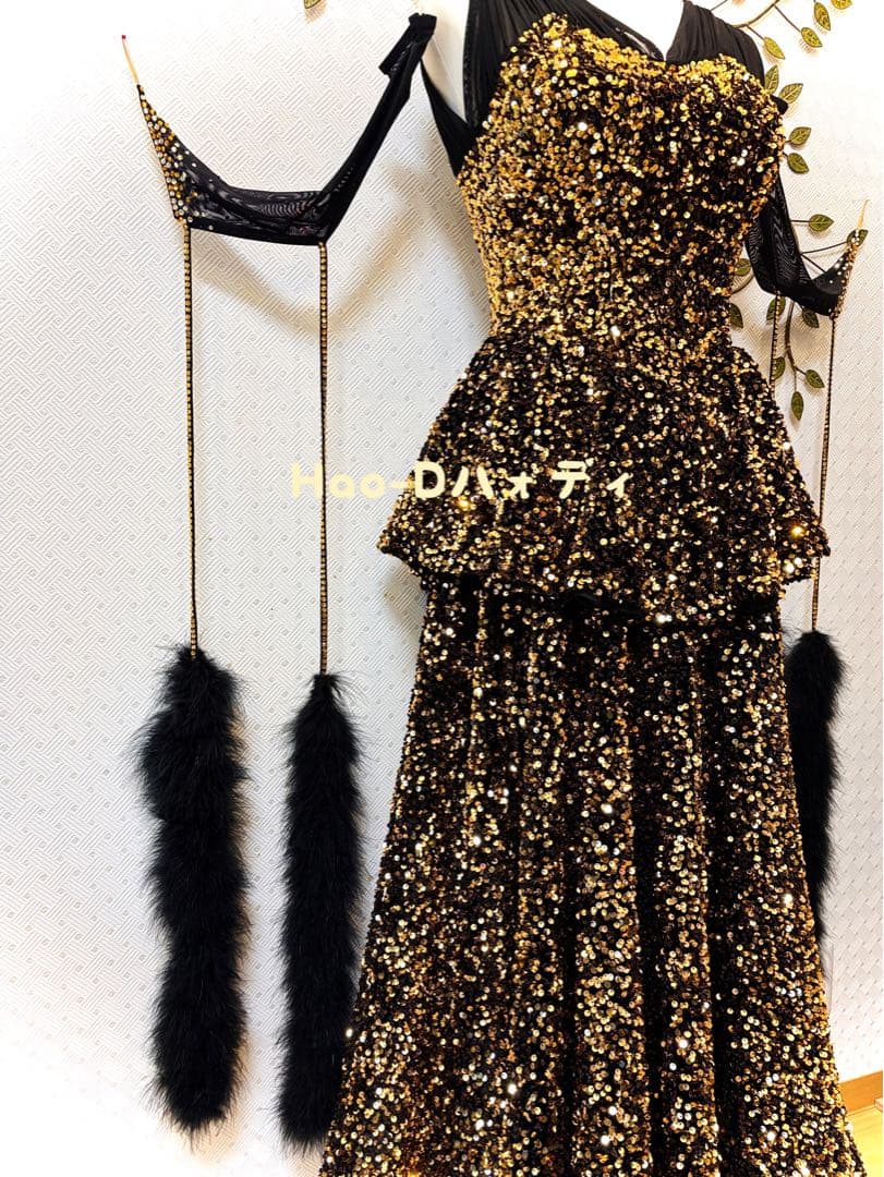 新品同様★ダンスドレス★スタンダード★社交ダンス★競技会★パーティー★黒ゴールド