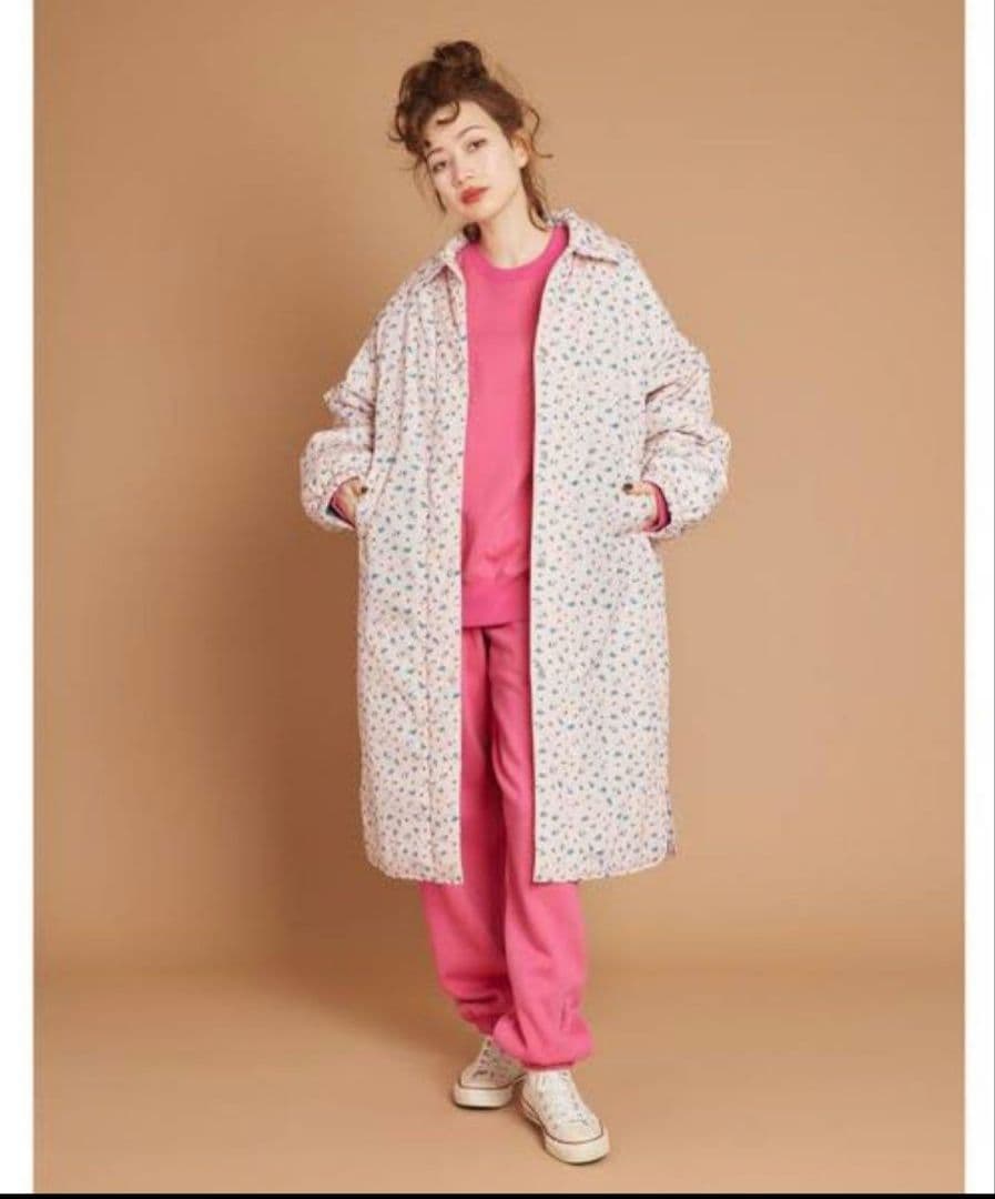 Flower print nylon long jacket ピンク S 小花柄