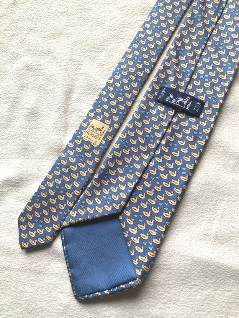 エルメス　アヒル親子　ネクタイ　ブルー系　シルク100 美品　かわいい✨