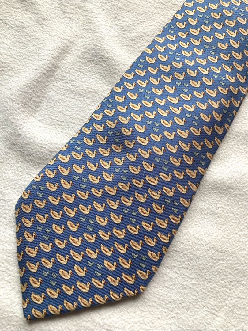 エルメス　アヒル親子　ネクタイ　ブルー系　シルク100 美品　かわいい✨