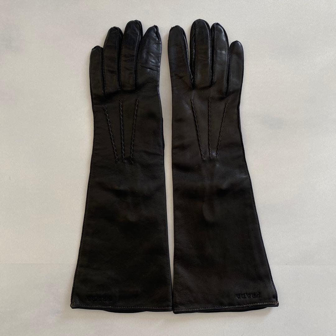 美品　プラダ　レザーロンググローブ　ブラック　黒革手袋　サイズ6ハーフ
