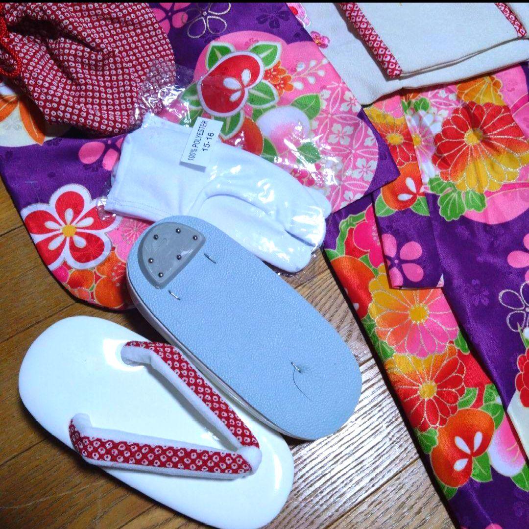 美品★3歳★白い被布＆紫花着物＆白草履小物