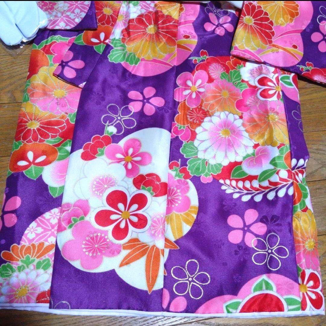 美品★3歳★白い被布＆紫花着物＆白草履小物