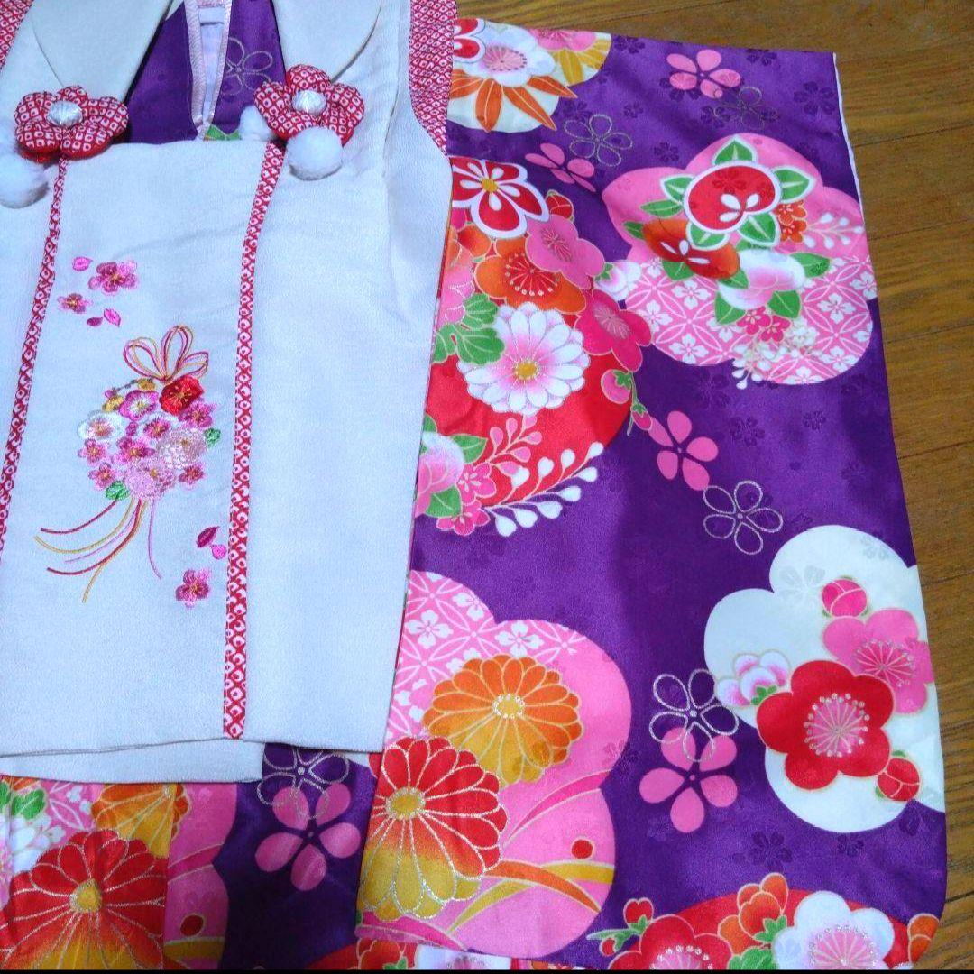 美品★3歳★白い被布＆紫花着物＆白草履小物