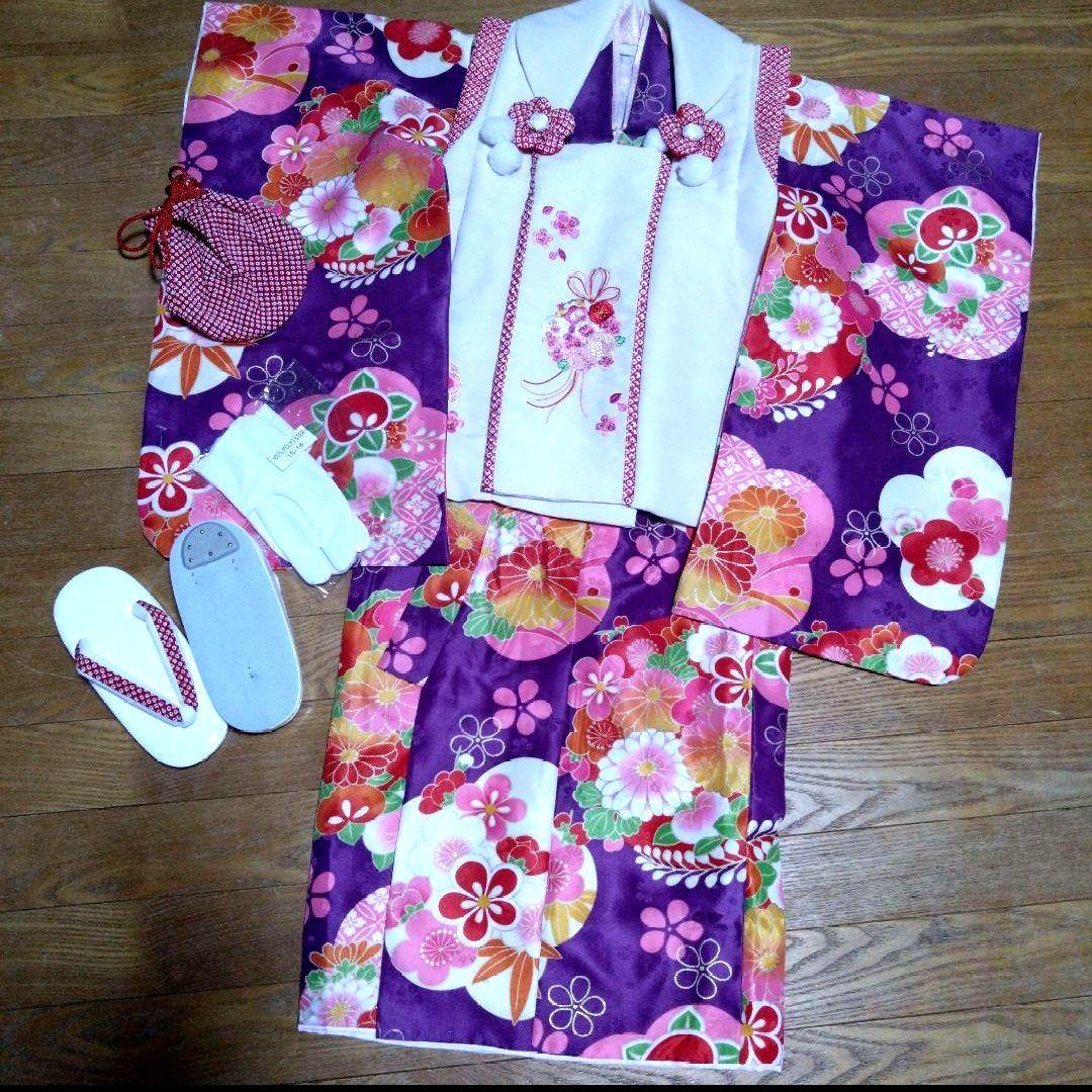 美品★3歳★白い被布＆紫花着物＆白草履小物