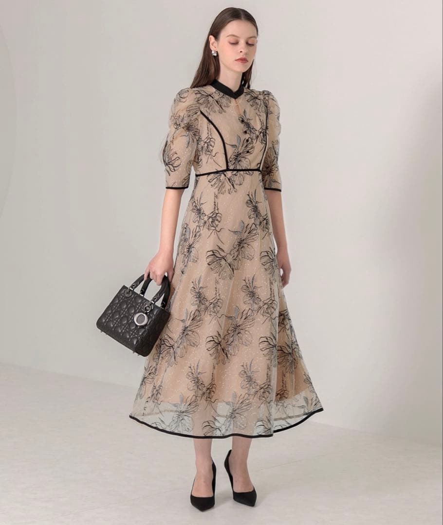 Leja 花柄リボンパフスリーブマーメイドフレアワンピースドレス　結婚式