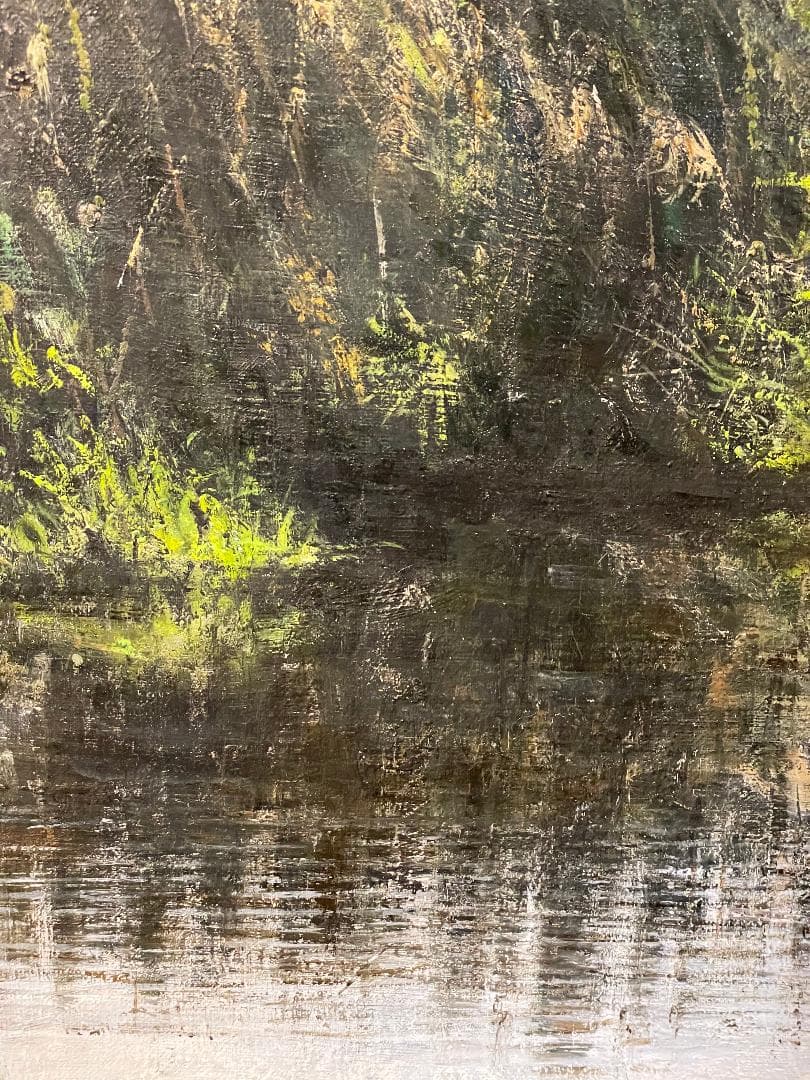 「真作」真殿靖「水郷(安土八幡)」風景画　油彩画　額装　サイン有り　P20号