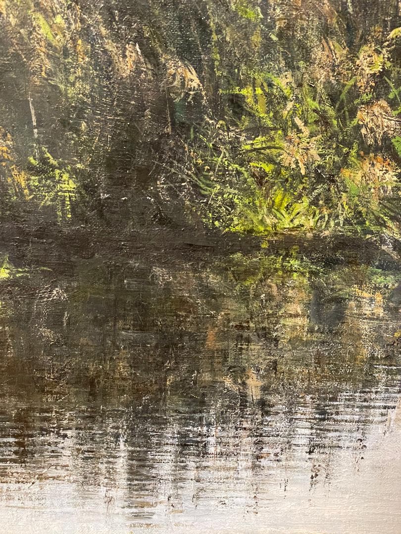 「真作」真殿靖「水郷(安土八幡)」風景画　油彩画　額装　サイン有り　P20号