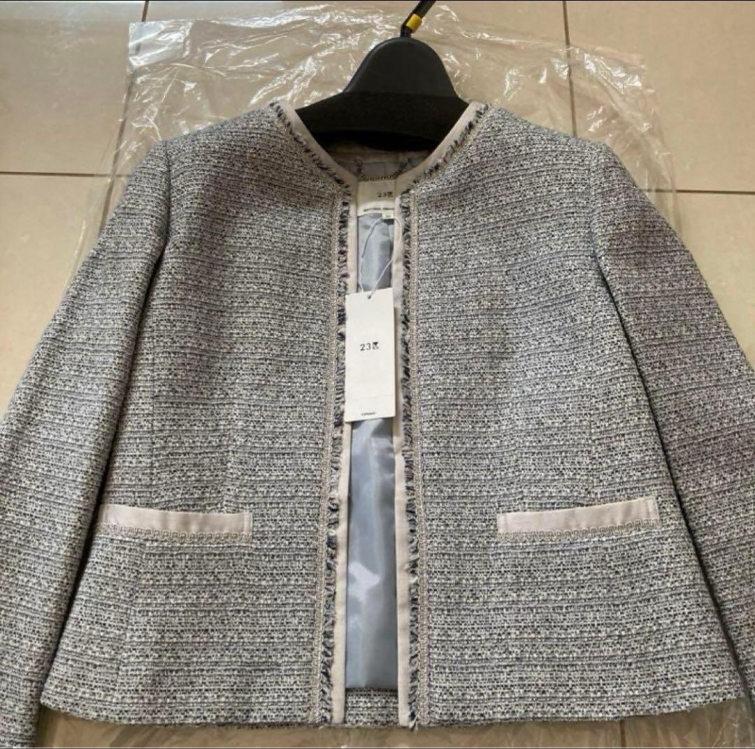 新品　ノーカラーツィードジャケット　34