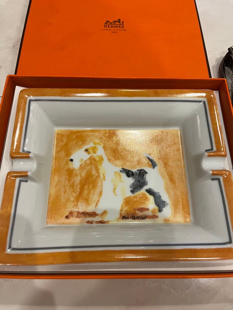 HERMES 犬のイラスト 陶器皿 専用ボックス付き