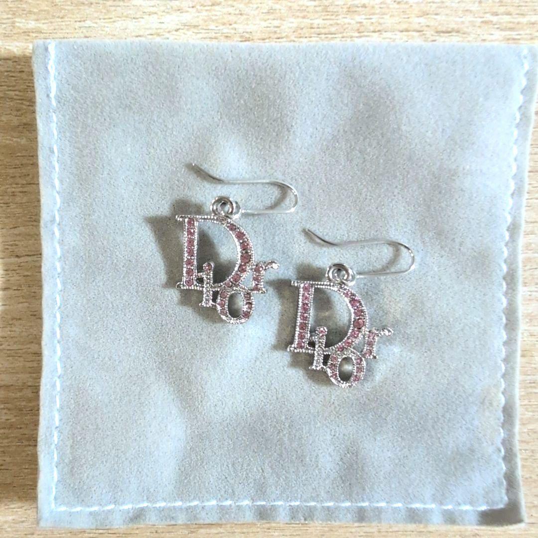 クリスチャンディオール　 ピアス ロゴ ラインストーン ピンク シルバー