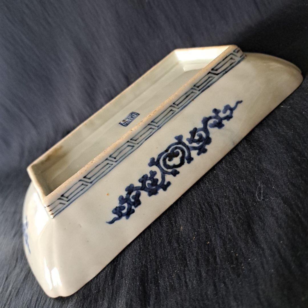 「桐(きり)の葉びっしりの長皿！」古伊万里染付皿(幅21.5cm) 骨董アンティ