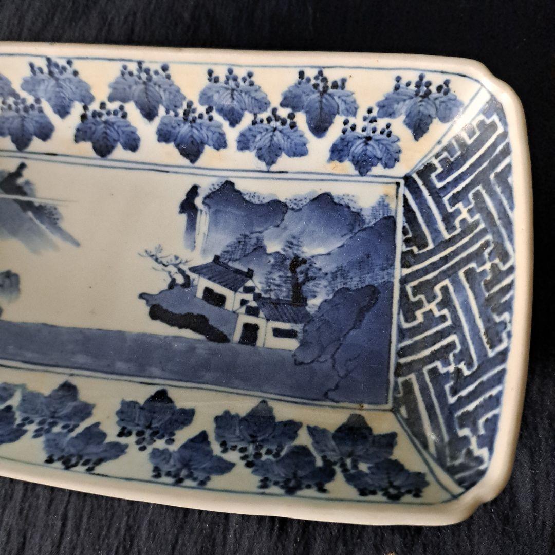 「桐(きり)の葉びっしりの長皿！」古伊万里染付皿(幅21.5cm) 骨董アンティ