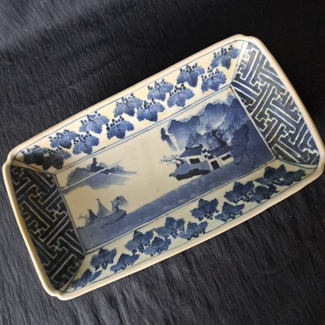 「桐(きり)の葉びっしりの長皿！」古伊万里染付皿(幅21.5cm) 骨董アンティ