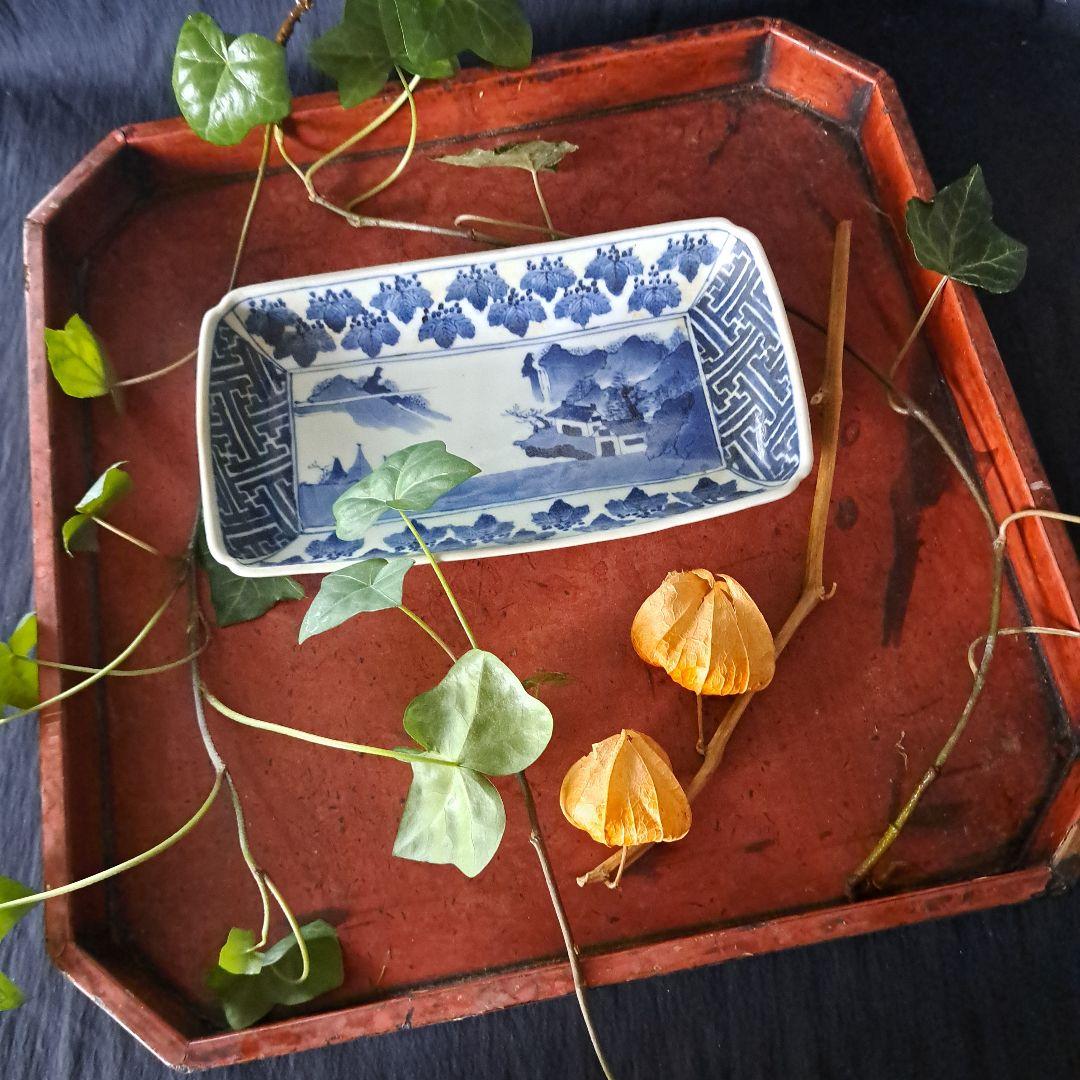「桐(きり)の葉びっしりの長皿！」古伊万里染付皿(幅21.5cm) 骨董アンティ