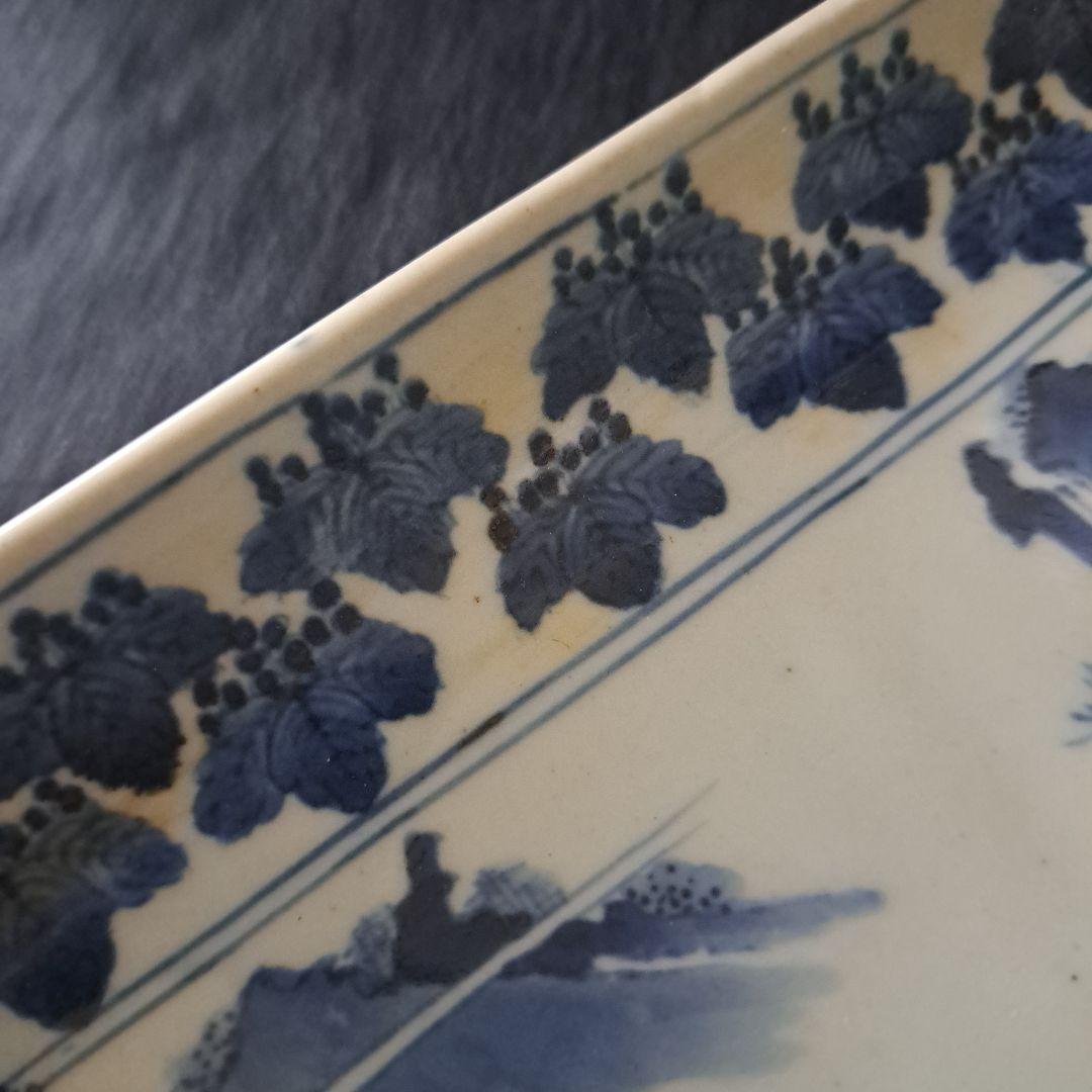 「桐(きり)の葉びっしりの長皿！」古伊万里染付皿(幅21.5cm) 骨董アンティ