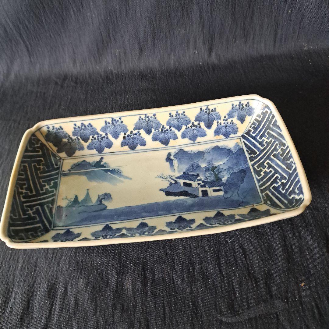 「桐(きり)の葉びっしりの長皿！」古伊万里染付皿(幅21.5cm) 骨董アンティ