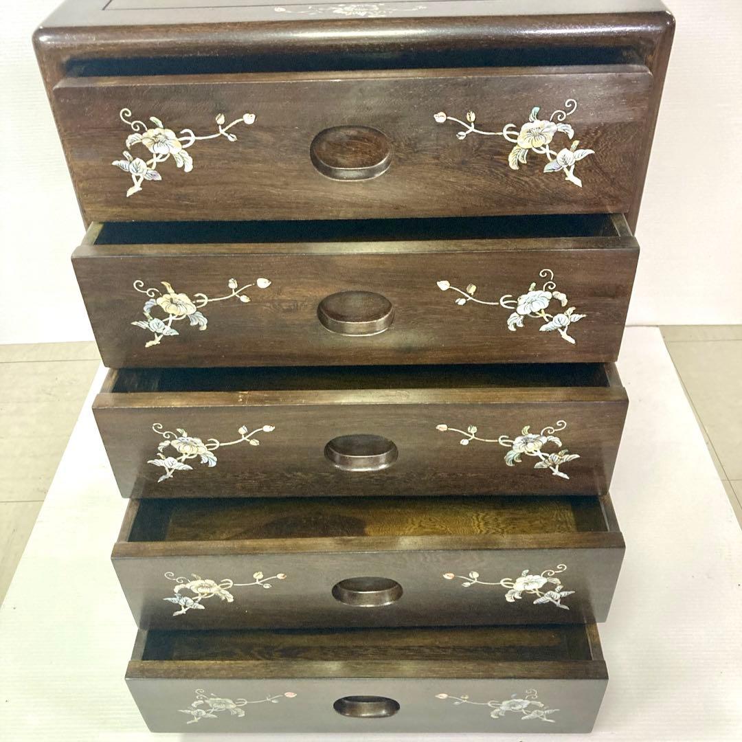 【良品】骨董品 チェスト 木製 小物入れ 螺鈿細工 5段 タンス 箪笥
