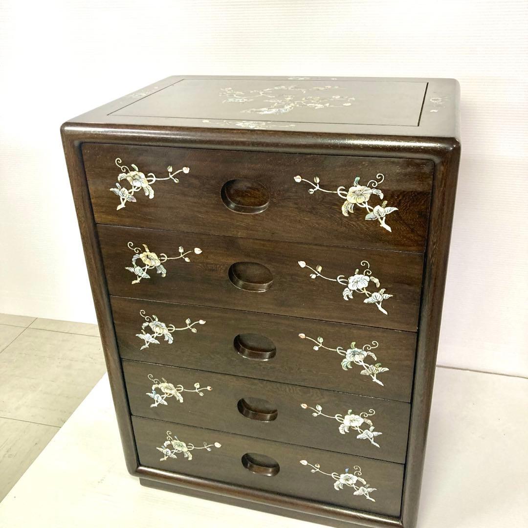 【良品】骨董品 チェスト 木製 小物入れ 螺鈿細工 5段 タンス 箪笥