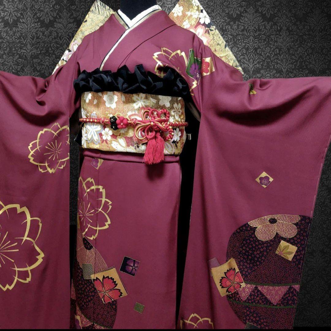 新品未使用！振袖フルセット(7点)・成人式・古典柄・金彩加工・色紙花鞠文・正絹