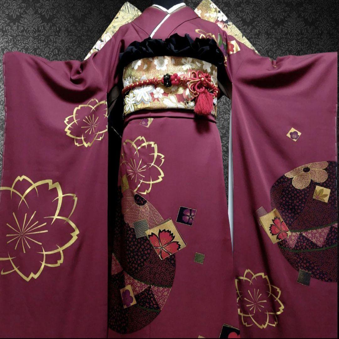 新品未使用！振袖フルセット(7点)・成人式・古典柄・金彩加工・色紙花鞠文・正絹