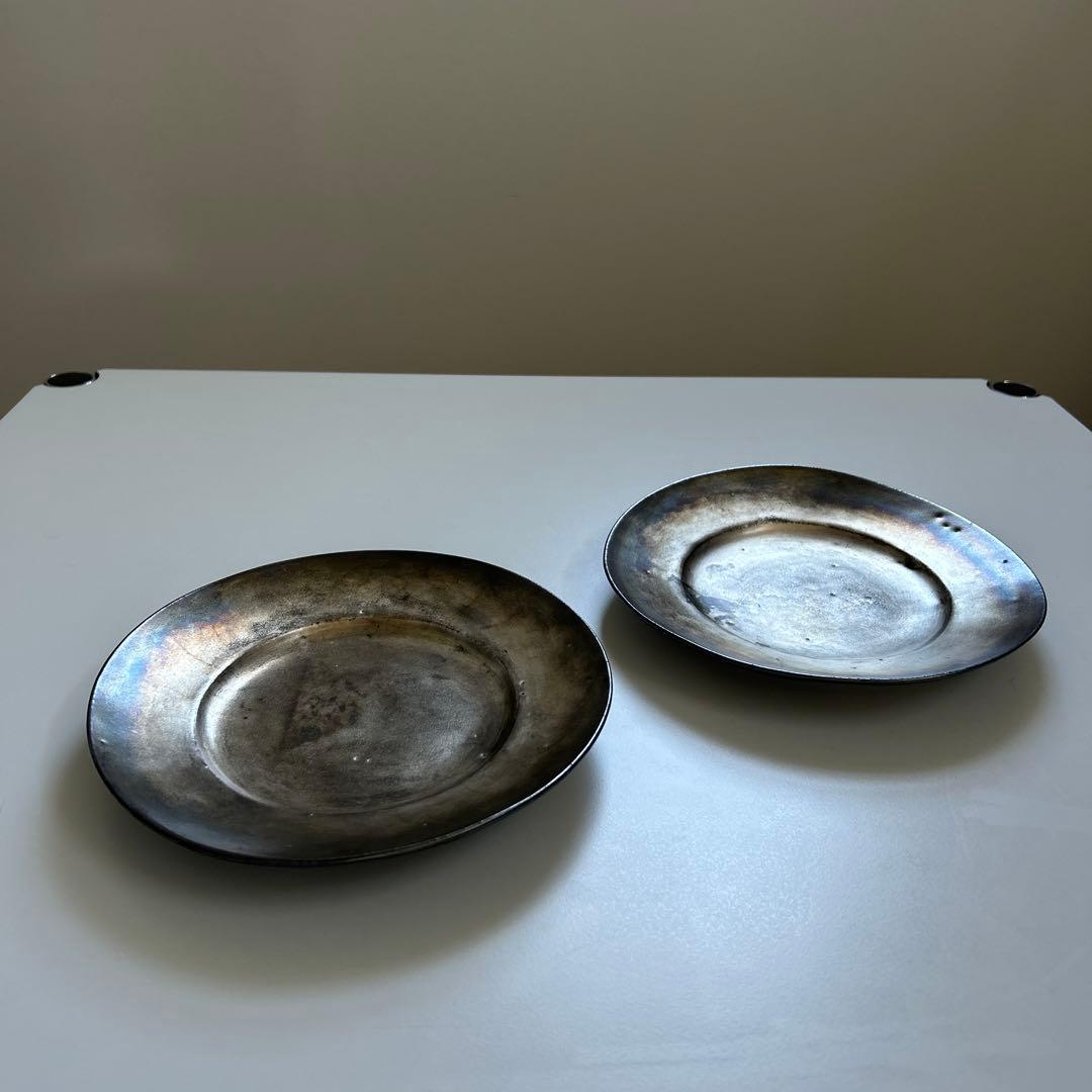 安藤雅信、銀彩、リム皿、2枚セット