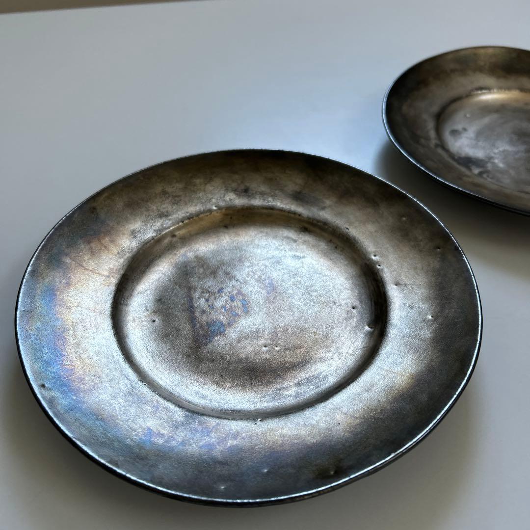 安藤雅信、銀彩、リム皿、2枚セット