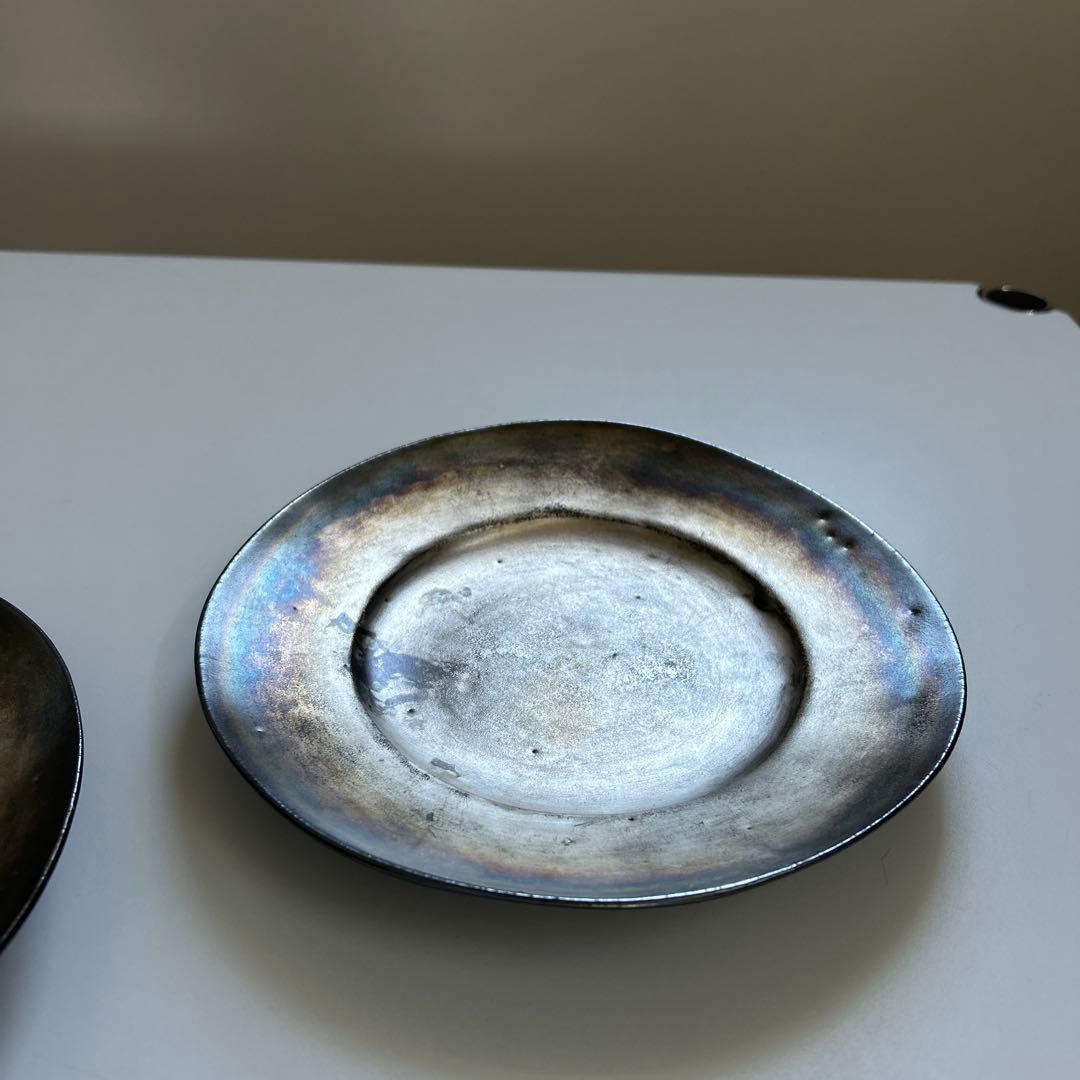 安藤雅信、銀彩、リム皿、2枚セット