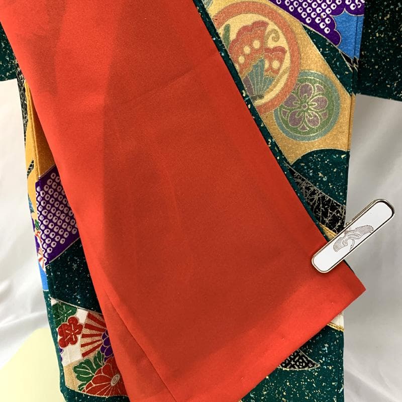 511ag80□七五三 七歳 女児 着物&袋帯 金彩 束ね熨斗 緑山吹色□美品