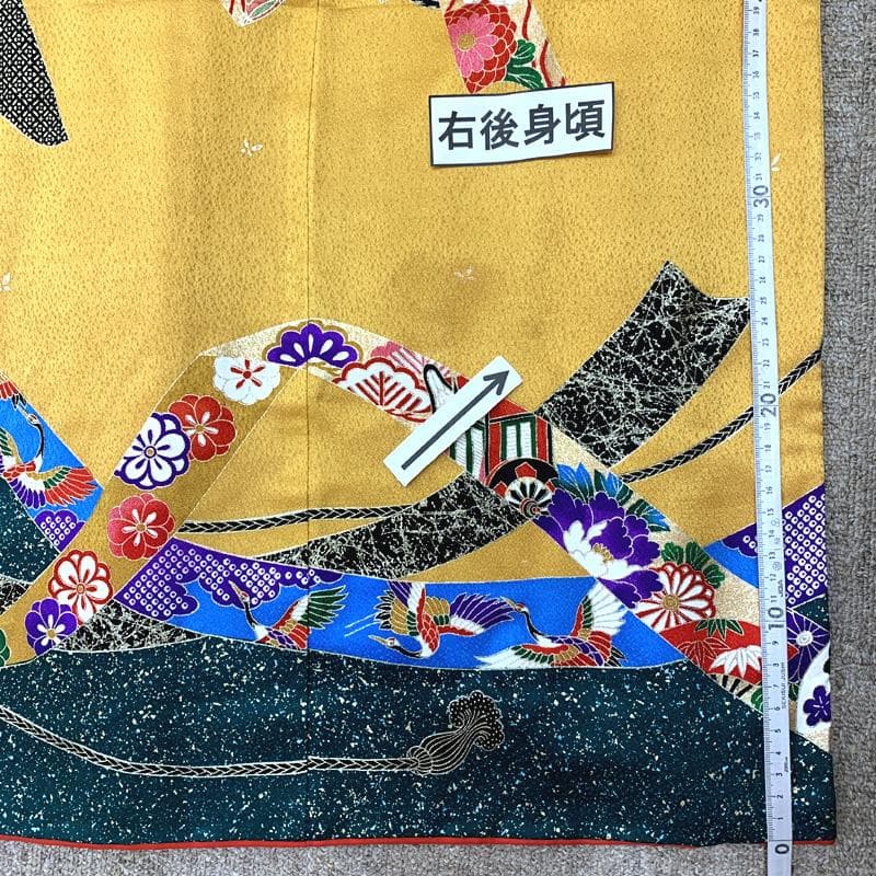 511ag80□七五三 七歳 女児 着物&袋帯 金彩 束ね熨斗 緑山吹色□美品