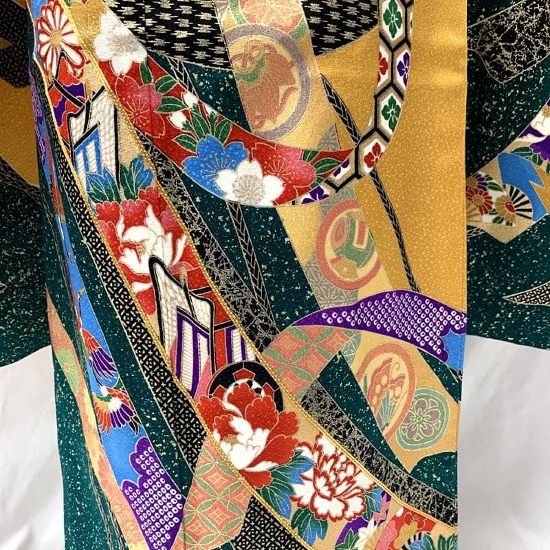 511ag80□七五三 七歳 女児 着物&袋帯 金彩 束ね熨斗 緑山吹色□美品