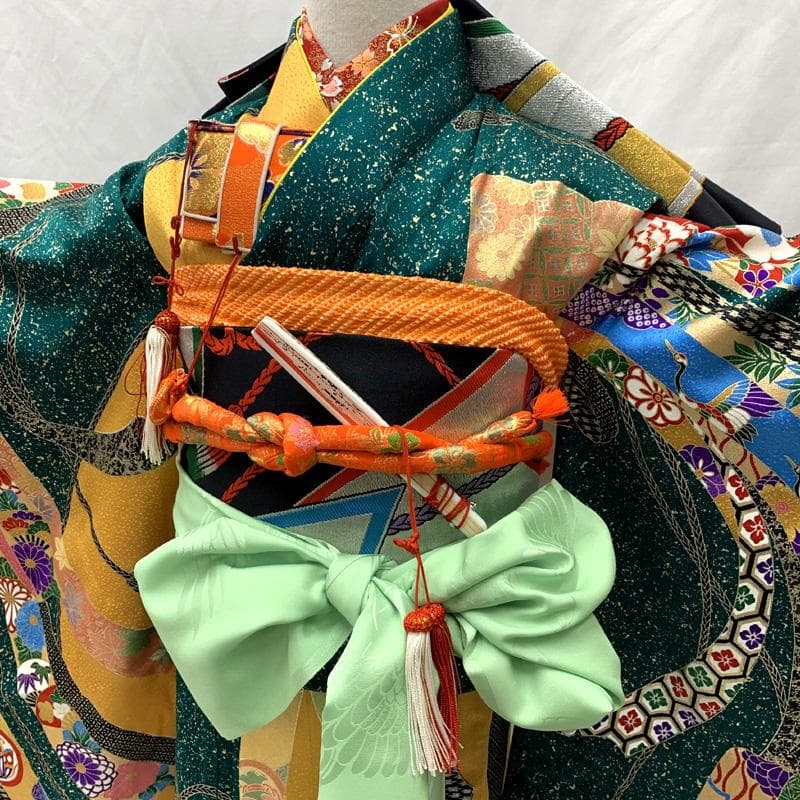 511ag80□七五三 七歳 女児 着物&袋帯 金彩 束ね熨斗 緑山吹色□美品