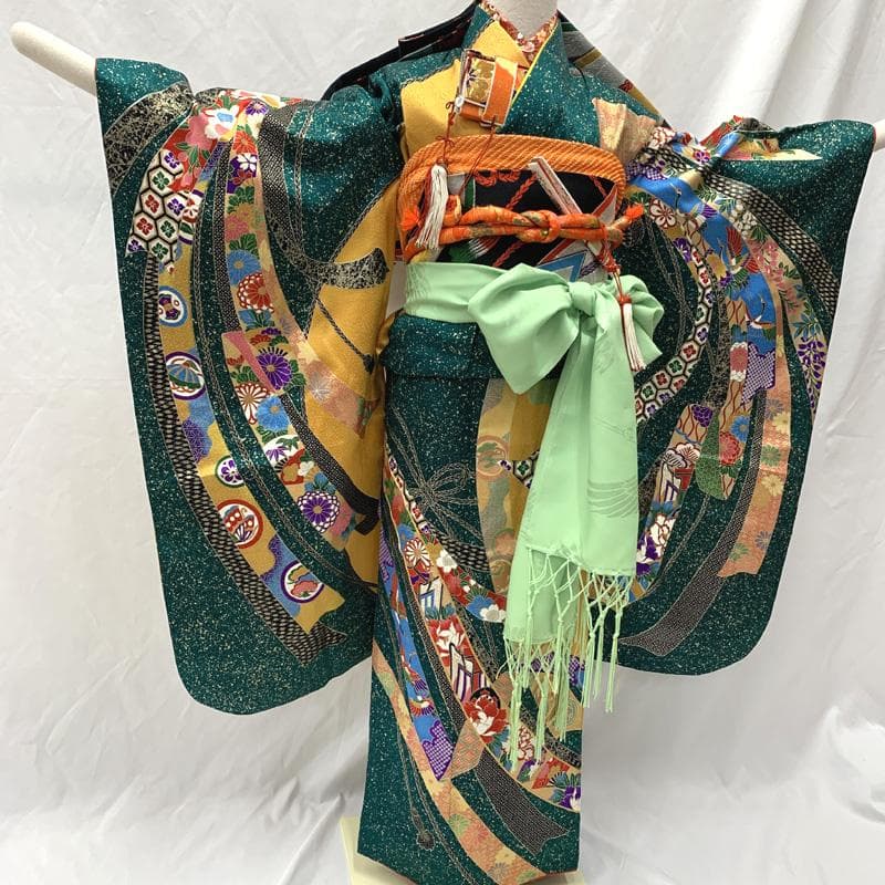 511ag80□七五三 七歳 女児 着物&袋帯 金彩 束ね熨斗 緑山吹色□美品