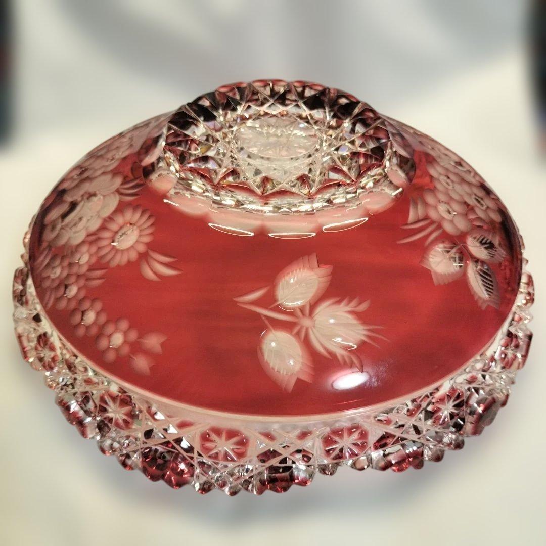 マイセンクリスタル ボール25cm 赤被せ バラ