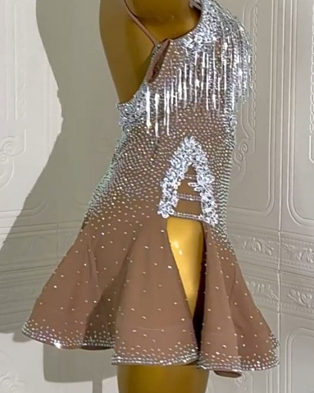 オーダーメイド 社交ダンス衣装 オールストーン フリンジ ベージュ