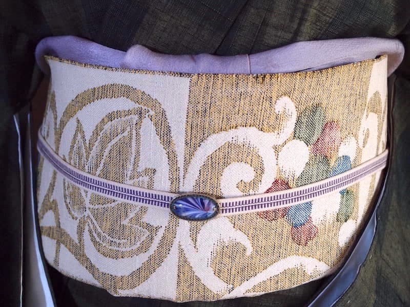 西陣織　紬八寸名古屋帯（市松に葡萄葉文）長366　三幸織物　正絹美品