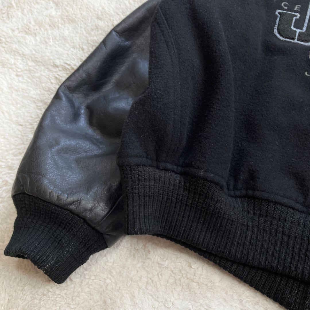 【希少】JUNMEN　スタジャン　袖レザー　牛革　背面デカロゴ　キルティング　黒