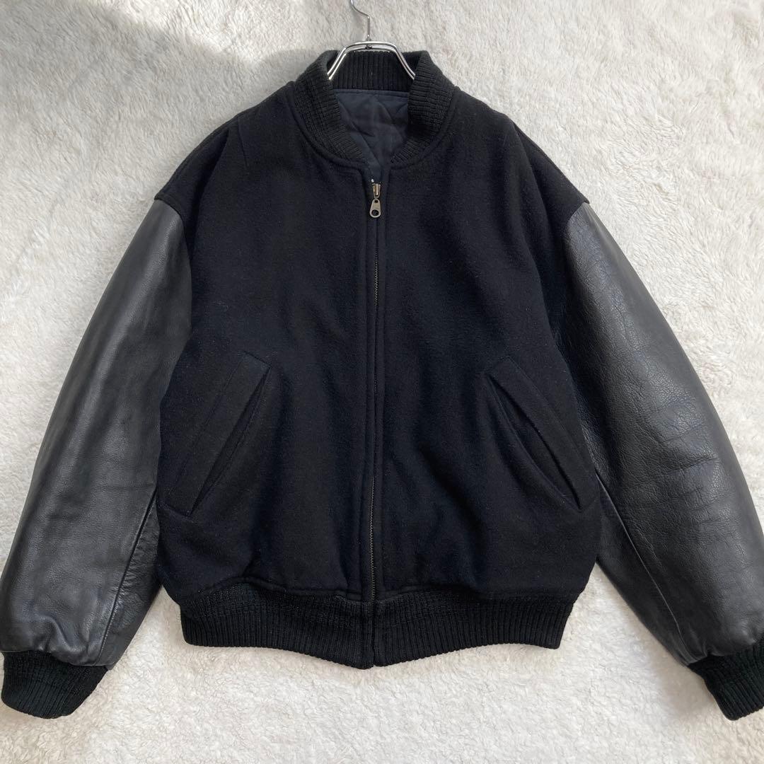 【希少】JUNMEN　スタジャン　袖レザー　牛革　背面デカロゴ　キルティング　黒