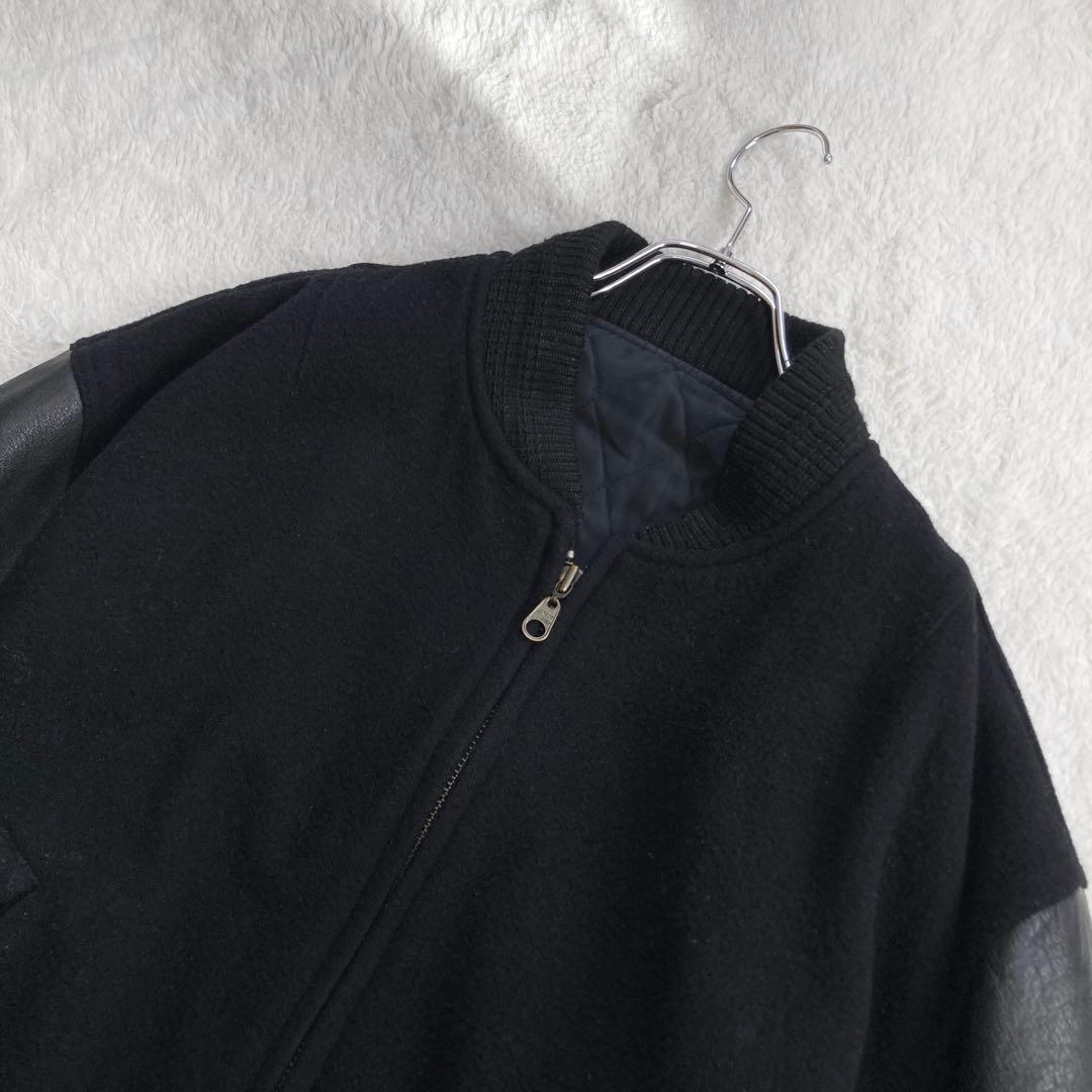 【希少】JUNMEN　スタジャン　袖レザー　牛革　背面デカロゴ　キルティング　黒