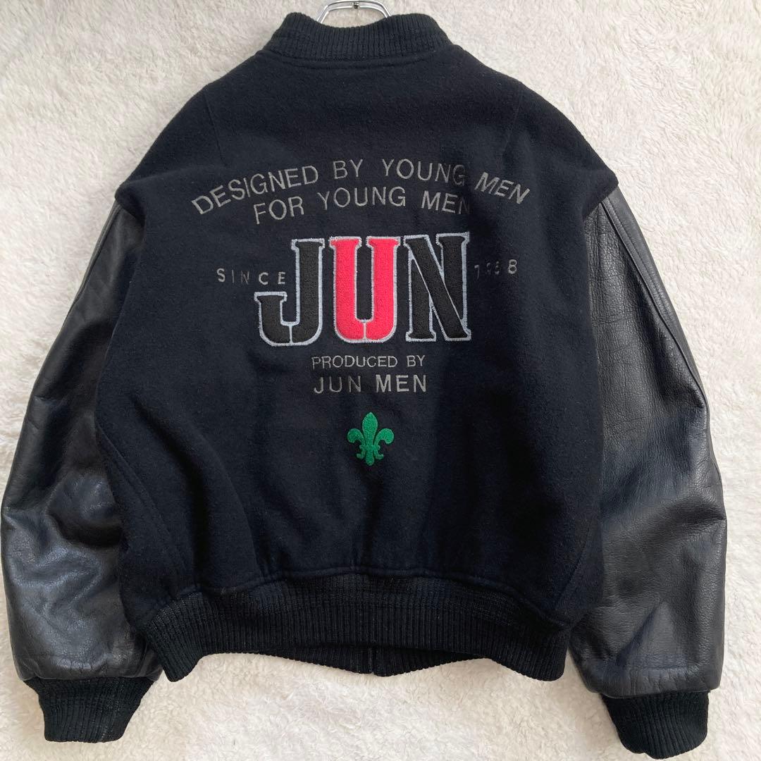 【希少】JUNMEN　スタジャン　袖レザー　牛革　背面デカロゴ　キルティング　黒